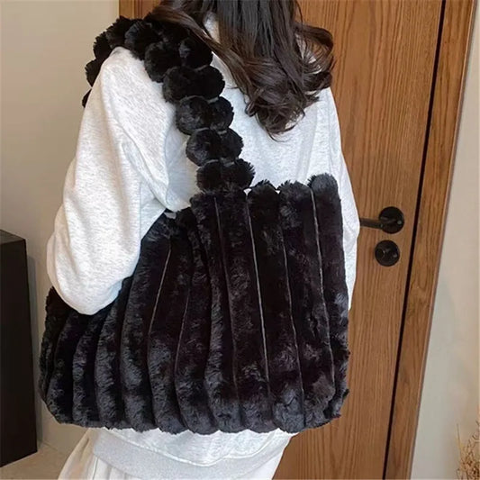 Autumn Winter Soft Plush Totes Bags, Stylish College Student Women Handbag Shoulder Bag with Leather Material Polyester Lining