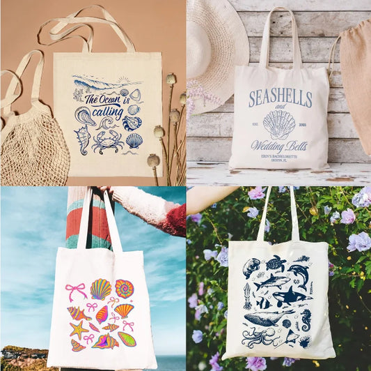 Bow Shell Canvas Handbag Marine Animal Wave Pattern Women's Daily Work Shopping Large Capacity Canvas Bag