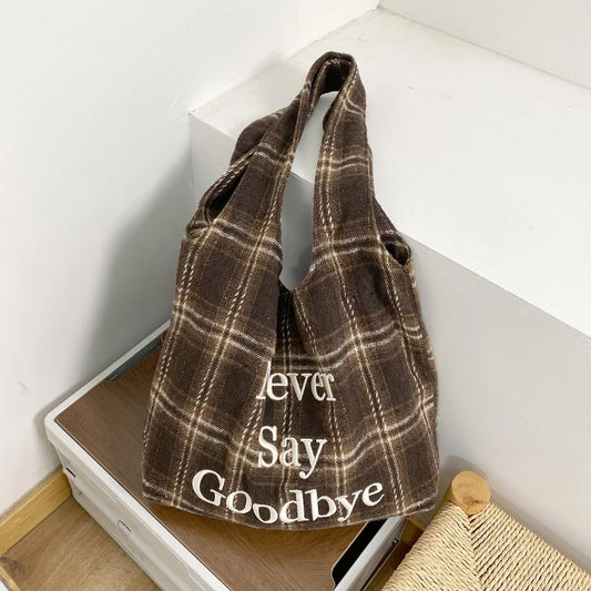 Autumn Retro Plaid Woolen Shoulder Bags for Women Embroidery Letter Ladies Casual Tote College Style High Capacity Girls Handbag